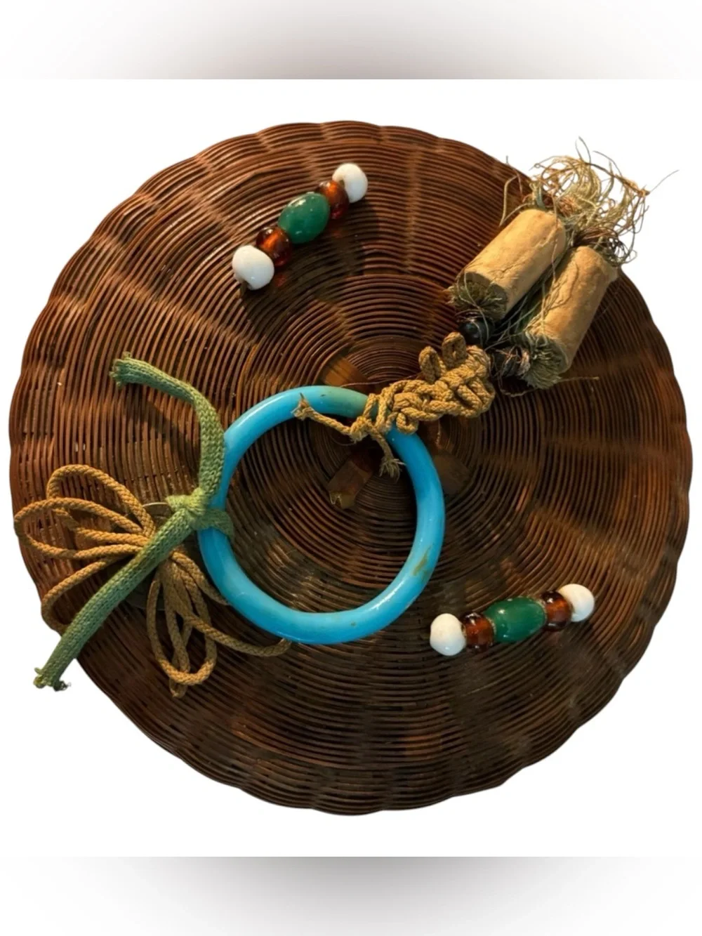 VTG Chinese Wedding Sewing Basket Lidded Woven Boho Wicker Glass Ring Beads Coin